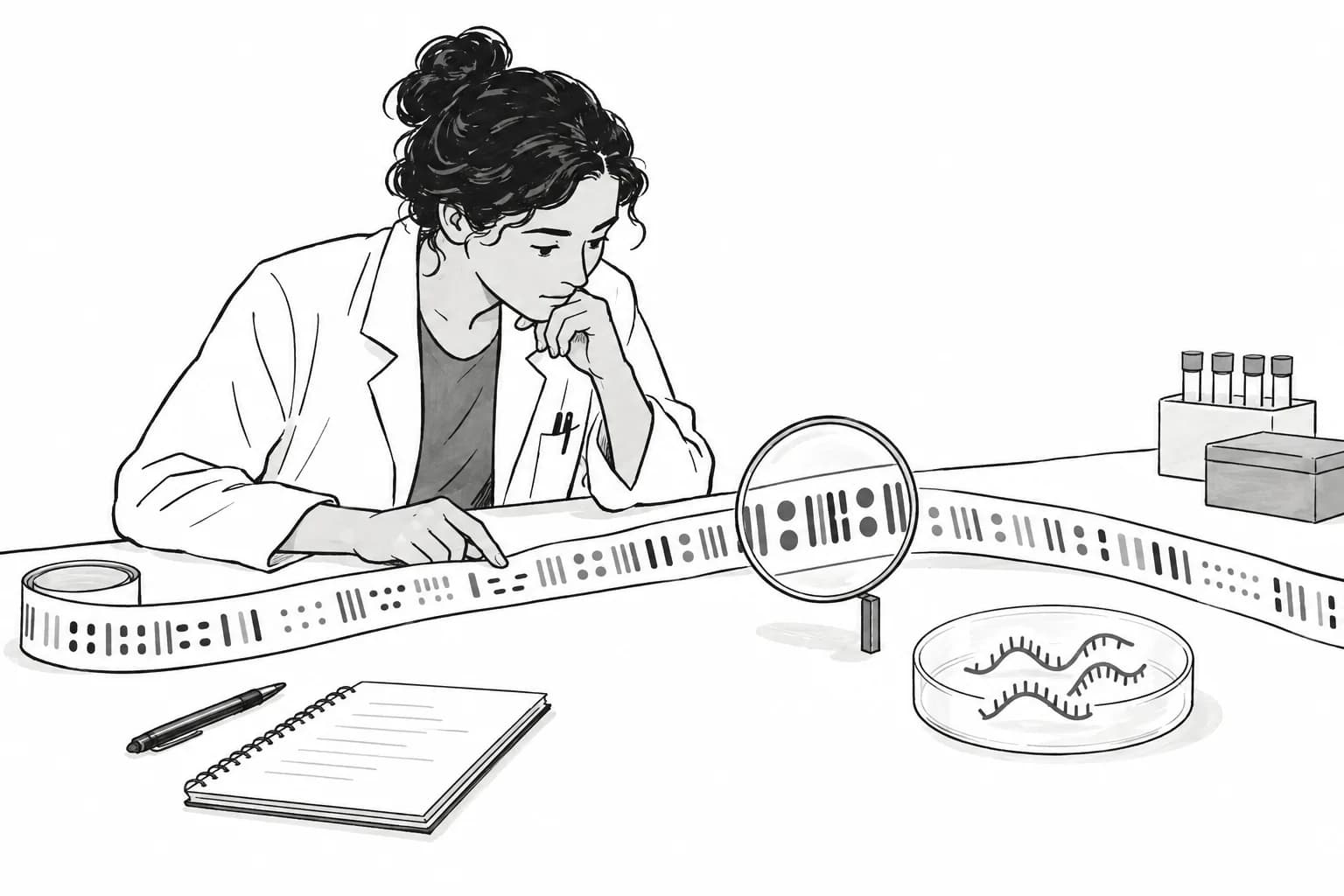 A scientist examines a long abstract sequence strip; a lens draws attention to a repeating pattern beside a small illustration of RNA-like strands.
