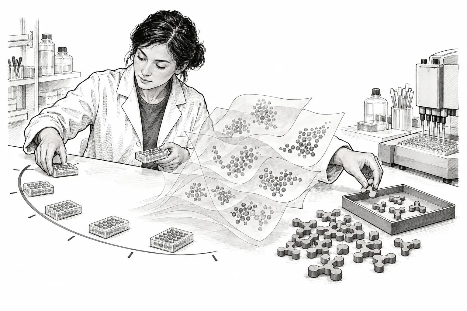A laboratory researcher organizes time-series sample plates and narrows many molecular pieces to a tray for physical testing.