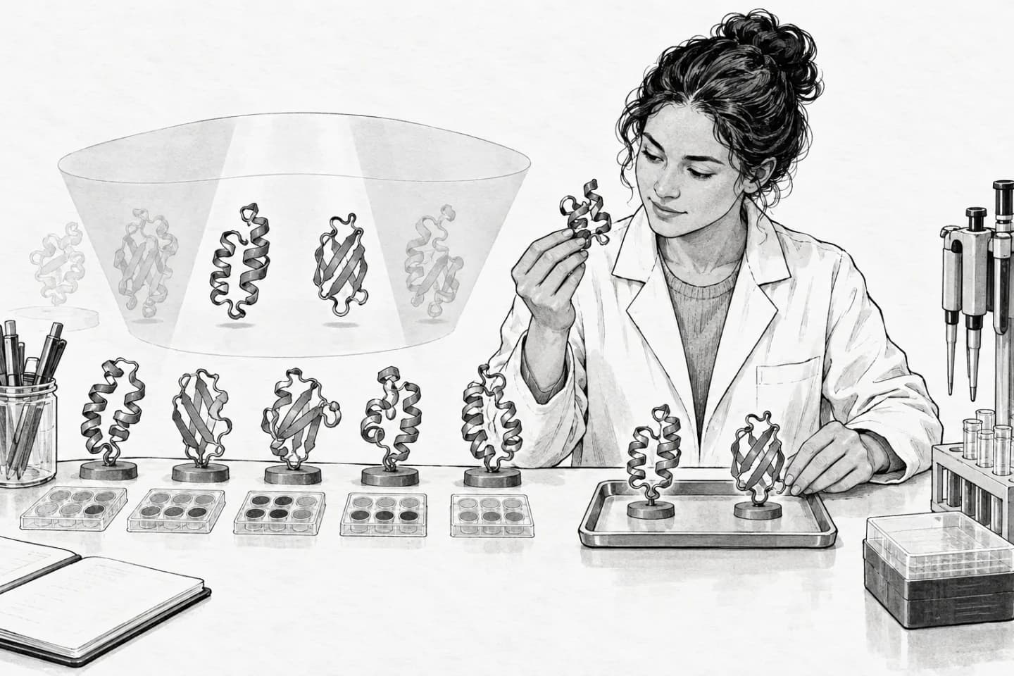A laboratory researcher narrows several measured protein variants to two candidates for another physical test.