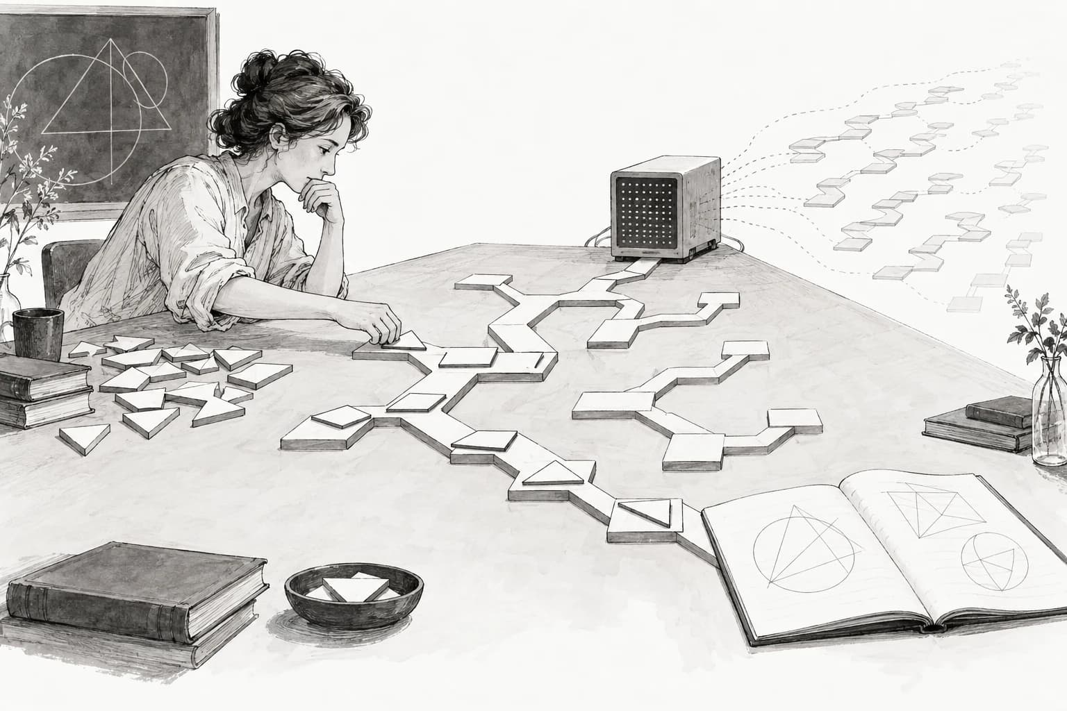 A mathematician and proof-checking system search a branching space of formal steps.