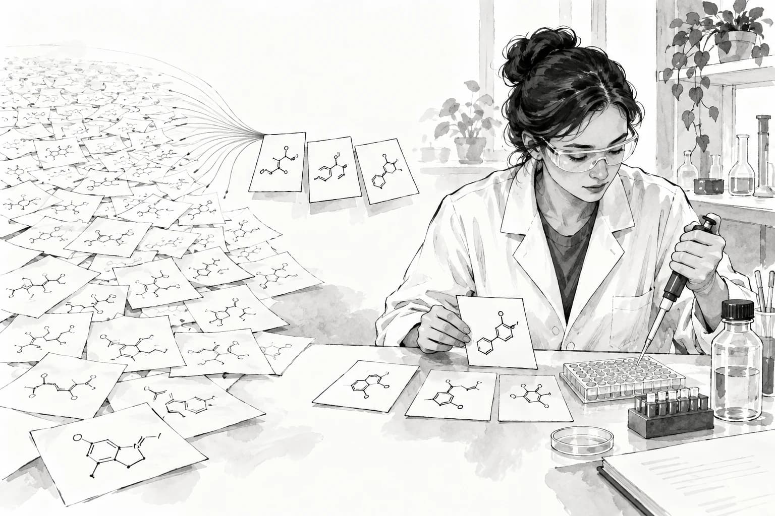 Researchers narrow many molecular sketches to a small set of candidates for laboratory testing.